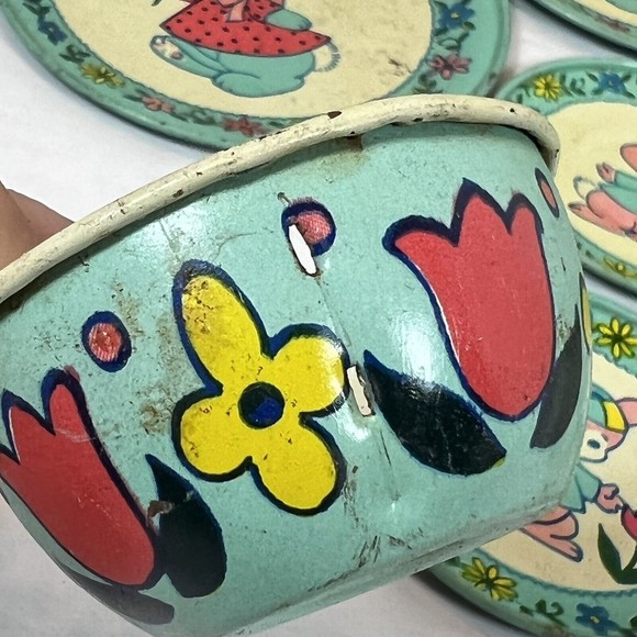 Vintage J. Chein Bunny Rabbit 1 Serving Platter, 8 Plates and 2 Cups Litho Tin - Picture 6 of 9